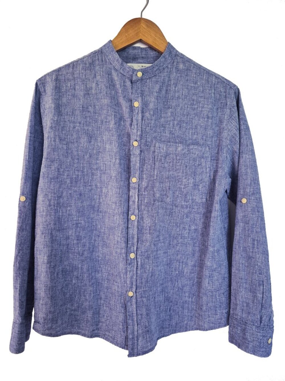 Zara Boys Linen Blend Mandarin Collar Chambray Blue Long Sleeve Shirt 13-14